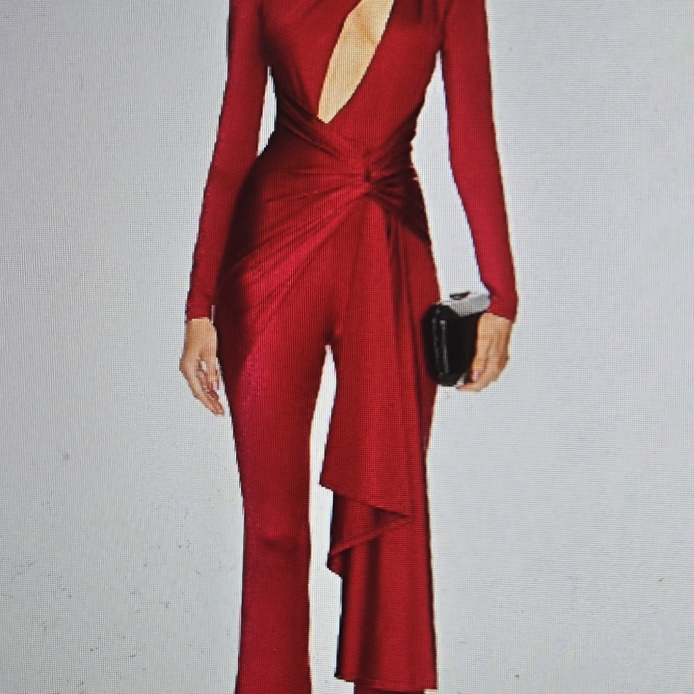 Michael Costello Deep Red Long Sleeve Jumpsuit